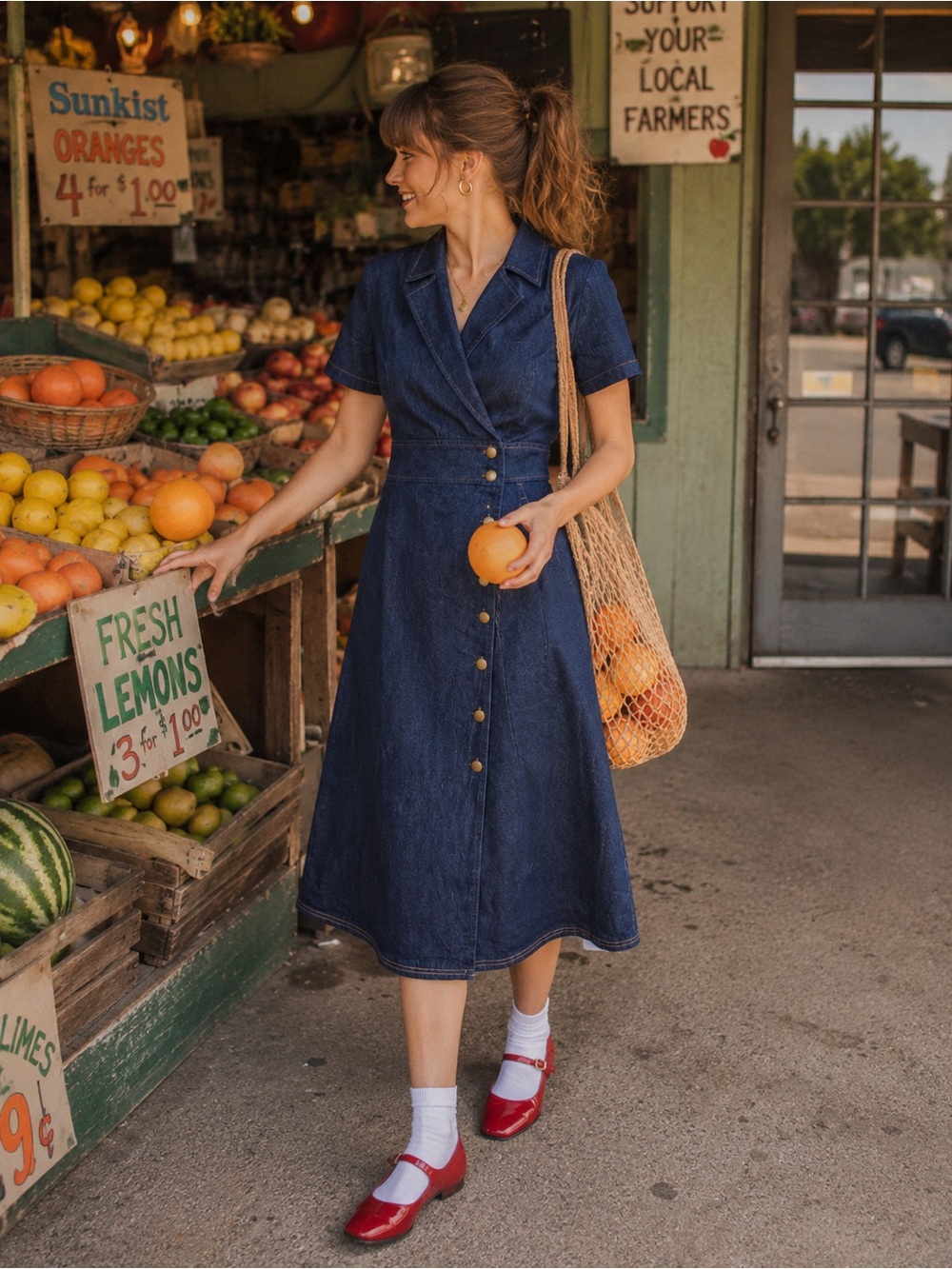 Shelby & Palmer Size 6 Denim Wrap Look Midi Dress Brass Buttons Retro